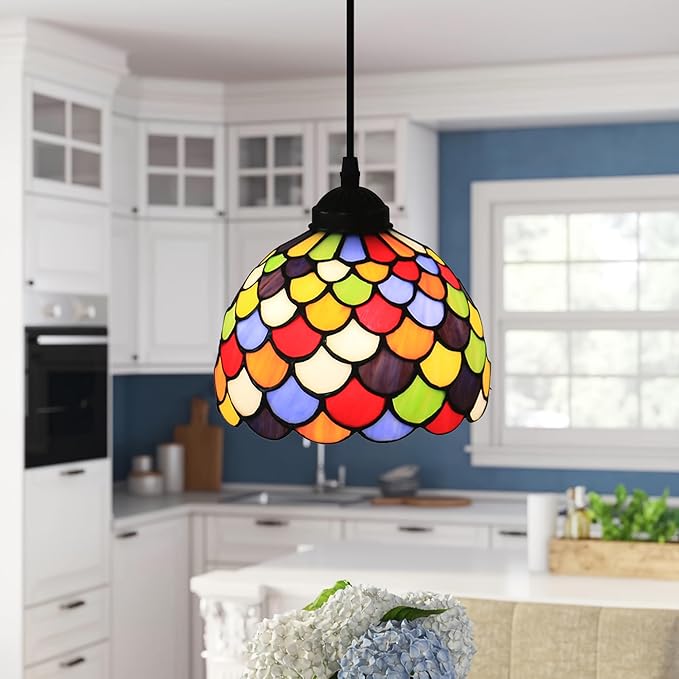Stained Glass Hanging Lamp 8 Inch Hanging Ceiling Lights Tiffany Art Deco Lamp for Dining Room Kitchen Island Home Farmhouse Hallway