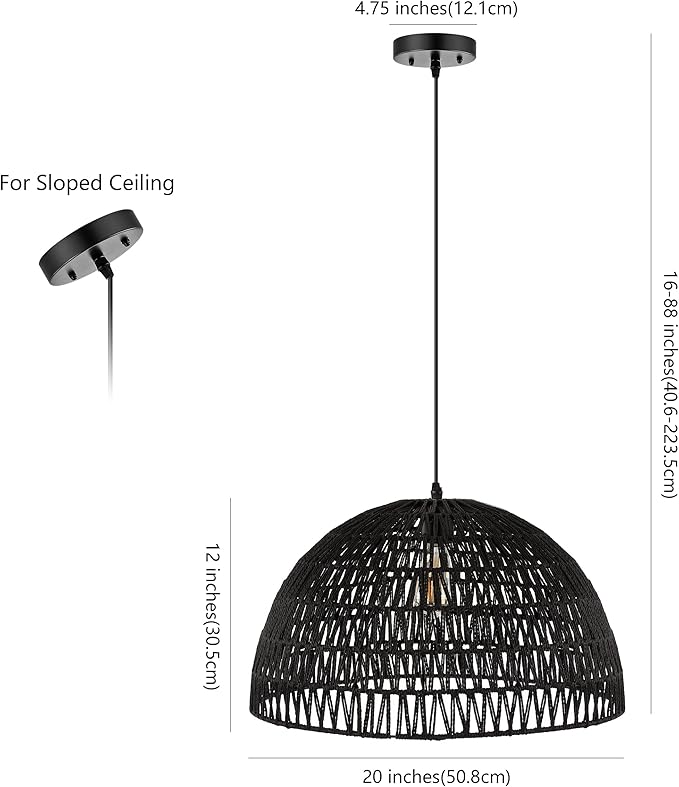 JONATHAN Y 20" Black Modern Bohemian Woven Rope LED Pendant Light Fixture, Adjustable Dome Ceiling Lamp for Kitchen Island, Rope Shade, Coastal Farmhouse Decor (JYL6504C)