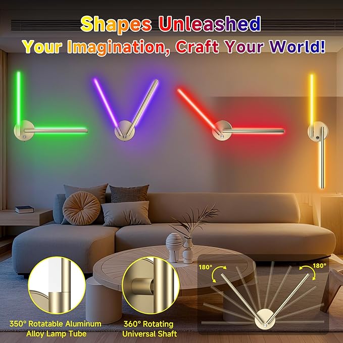 Battery Operated Wall Sconce Set of Two,Wireless Magnetic Wall Lights with Remote, 360°DIY Rotatable 5CCT Dimmable with Timer,RGB Cordless Wall Gold Sconces Decor for Vanity Bedroom Hallway 10000mAh