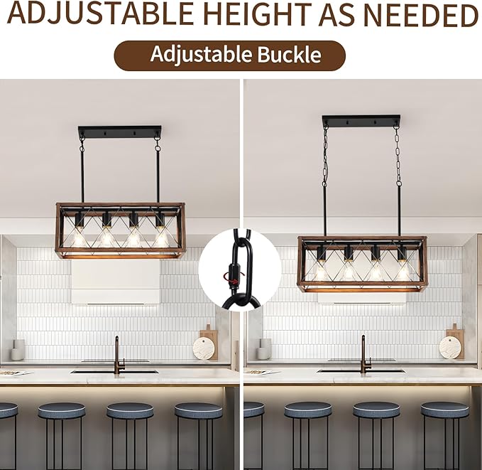 KEESFU 4-Light Farmhouse Linear Chandelier for Dining Room,Adjustable Rustic Pendant Light with Wood Grain Finish for Kitchen Island & Dining Table,Farmhouse Kitchen Lighting fixtures Ceiling.