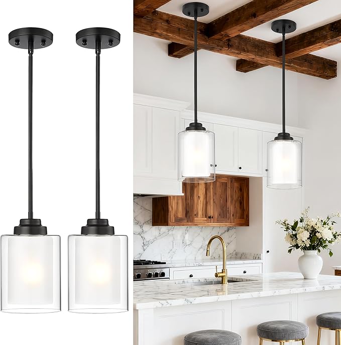 TENGXIN Modern Pendant Light,6-in Matte Black Pendant Lights Kitchen Island,Farmhouse Pendant Lighting for Dining Room Bedroom Bar Office 2Pack,TXPLBK02-2PK-L
