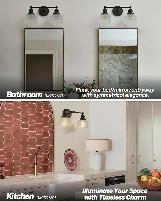 2-Light Vintage Wall Sconces,Double Black Bathroom Vanity Light with Clear Corrugated Glass Shade Hardwire Indoor Wall Sconce Lights Lamp for Bathroom Mirror Living Room Bedroom Kitchen