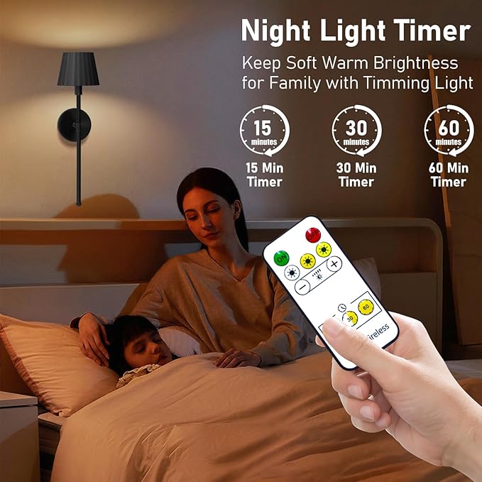 Battery Operated Wall Sconce Set of Two, Rechargeable Wireless Sconces with Dimmable Detachable Magnetic Bulbs and Remote, 3 Colors Wall Lights for Bedroom Living Room Hallway Fireplace