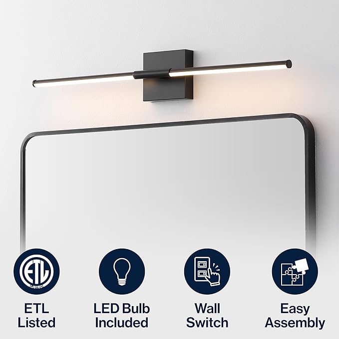 JONATHAN Y 28" Black Modern Dimmable Integrated LED Wall Sconce, Minimalist Adjustable Metal Vanity Light for Bathroom Mirror, Bedroom, Hallway, 3000K, ETL Listed (JYL7041C)