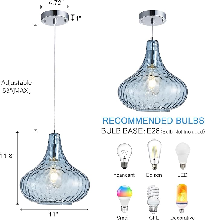 11" Blue Hammered Glass Pendant Light - Brushed Nickel Finish Industrial Ceiling Fixture with Blown Glass for Kitchen Island Dining Room Hallway Living Room