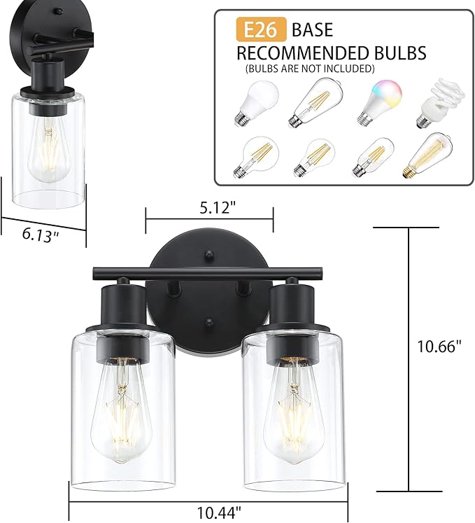 Bathroom Vanity Light Fixtures, 2-Light Black Vanity Light with Glass Shades, Matte Black Vanity Lights for Bathroom, Bathroom Lights over mirror Wall Sconces for Mirror Living Room Bedroom Hallway