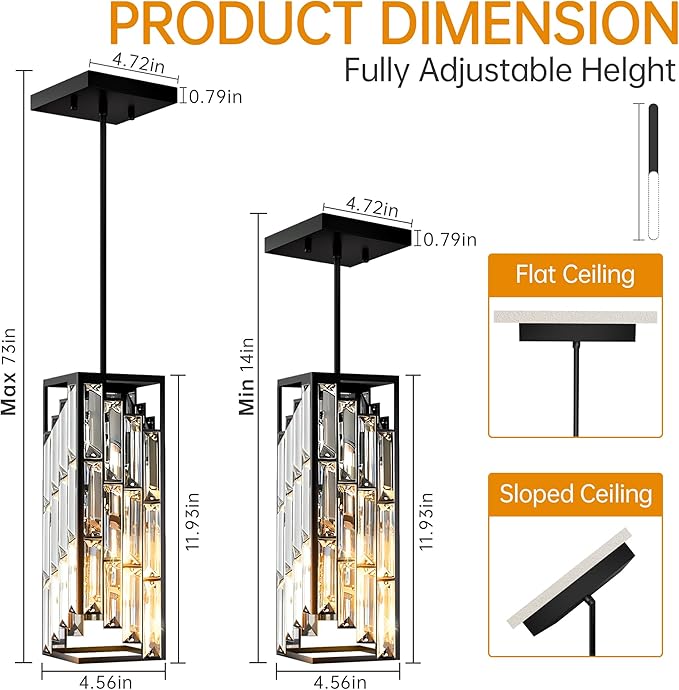 Black Pendant Lights Kitchen Island 2 Pack, Mini Crystal Chandeliers, Modern Pendant Lights Ceiling Lighting Fixtures for Kitchen Island, Dinning Room, Bedroom