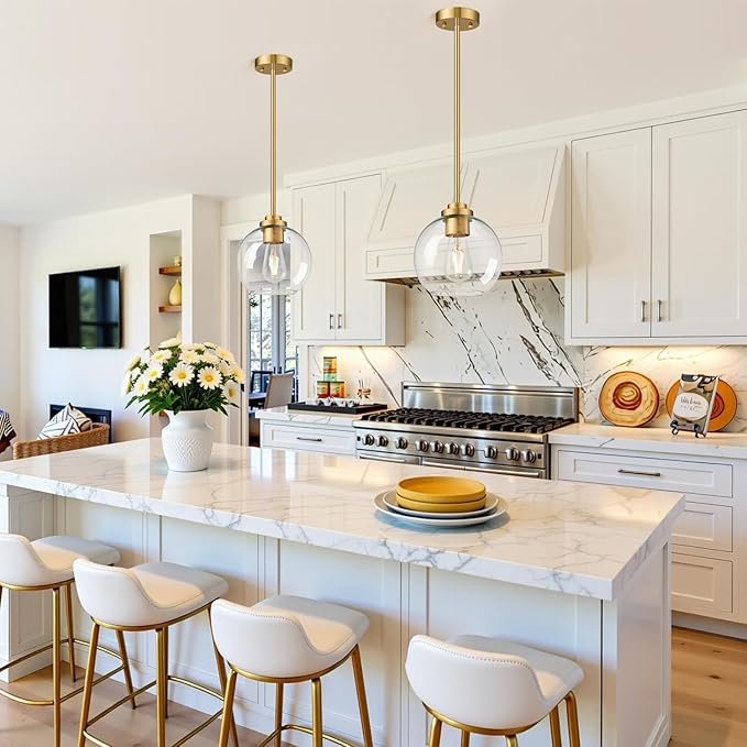 2 Pack 7.2-Inch Globe Pendant Lights, Mid Century Gold Pendant Light Fixtures, Globe Pendant Lights Kitchen Island with Clear Glass Shade Adjustable Hanging Fixture for Dining Room Bulbs not Included