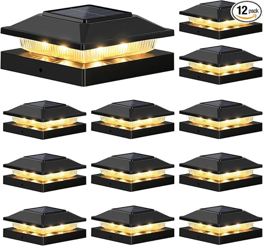 Brightever 4x4 3.5x3.5 Solar Post Cap Lights 12-Pack, Outdoor Solar Powered Fence Post Lights, Black Solar Waterproof Deck Post Lights for Vinyl/Wood Posts, Warm/Cool White, Perfect for Garden Patio
