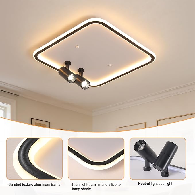 Modern Square LED Flush Mount Ceiling Light Fixture, 2 Adjustable Spotlights, Black Frame White Shade Minimalist Lighting for Living Room Bedroom Kitchen