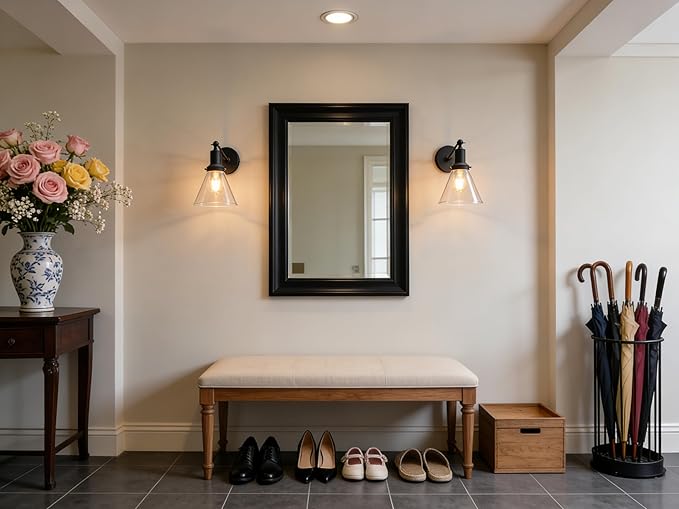 PERMO Industrial Vintage Slope Pole Wall Mount Single Sconce with Funnel Flared Clear Glass Shade Wall Sconce Light Lamp Fixture (Matte Black)