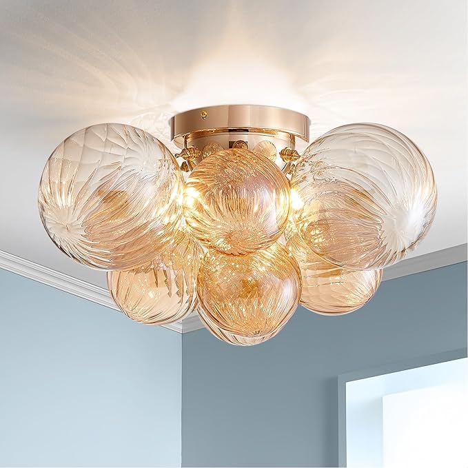 Shrine Lighting Champagne Bubble Glass Ceiling Light, Flush Mount Ceiling Light for Living Room, D18'' x H9'', G9*4 Sockets, Globe Glass Shade & Champagne Finish Frame