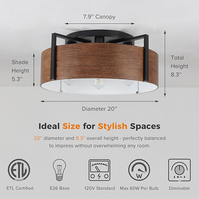 20'' Farmhouse Semi Flush Mount Ceiling Light, 4-Light Rustic Hallway Entryway Light Fixtures, Metal Wood Grain Finish Close to Ceiling Lights for Kitchen Dining Room Bedroom Living Room Foyer