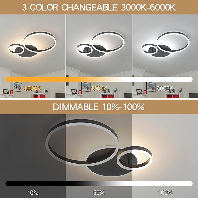 O'NEELDY Modern Dimmable LED Flush Mount Ceiling Light Remote Control Acrylic Ring Chandelier, 48W 3000K-6000K Adjustable, Black Fixture for Bedroom, Living Room, Dining Room, Kitchen and Hallway