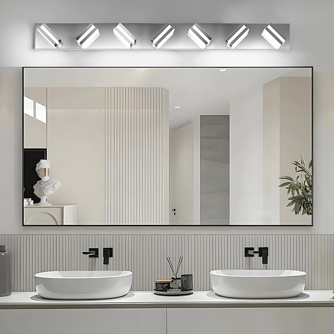 IZORRO LED Modern Bathroom Lights Fixtures(7-Light,Dimmable,360°Rotate),Chrome Acrylic Wall Lighting,Vanity Lights for Bathroom Over Mirror - 6000k 40In （No Assembly Required）