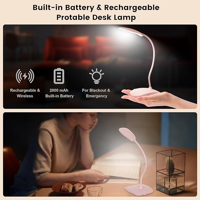 Battery Powered Desk Lamp, Portable Lamps Rechargeable 3 Color Modes Touch Control Stepless Dimming, Wireless Desk Lamp with 2000mAh, Small LED Table Light for Dorm Study Office Bedroom,Pink