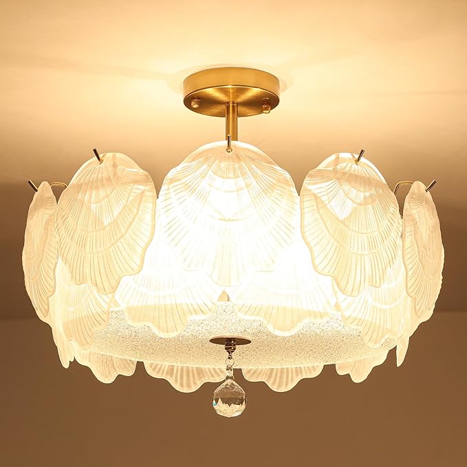 ETONIMERR 19.7'' Modern Glass Chandelier for Dining Room, Gold Semi Flush Mount Ceiling Light with Glass Shell Petals, 3 Light Flower Chandelier for Bedroom Living Room Hallway Entryway