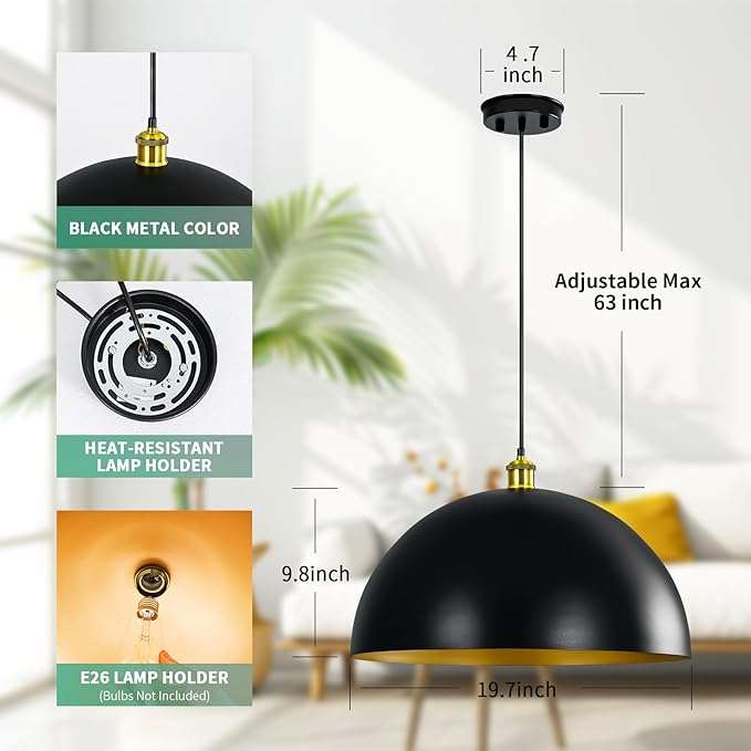 Black-Farmhouse Pendant-Light Hanging-Lamp Fixtures - 20 inch Kitchen Island Pendant Lights Industrial Dome Ceiling Lighting Dining Room Large Vintage Light for Indoor Black (20 inch (2PCS))