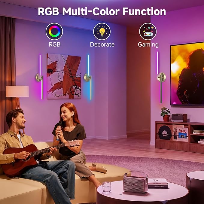Battery Operated Wall Sconce,Wireless Wall Lights with Remote, 360°DIY Rotatable RGB Lamp with Timer, 3000K-6500K LED Dimmable Wall Decor for Vanity, Living Room, Hallway Gold
