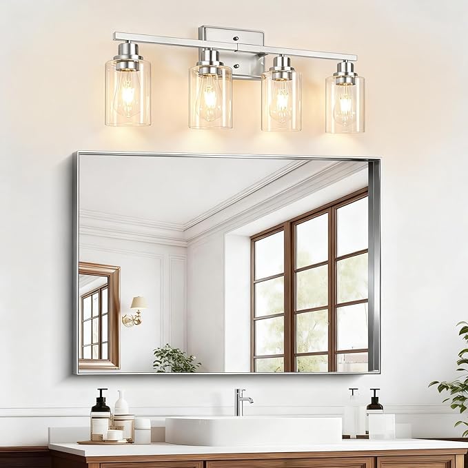 Unicozin 4-Light Bathroom Light Fixtures, Modern Vanity Lights with Clear Glass Shades, Brushed Nickel Bathroom Wall Lamp for Mirror Living Room Cabinet Bedroom