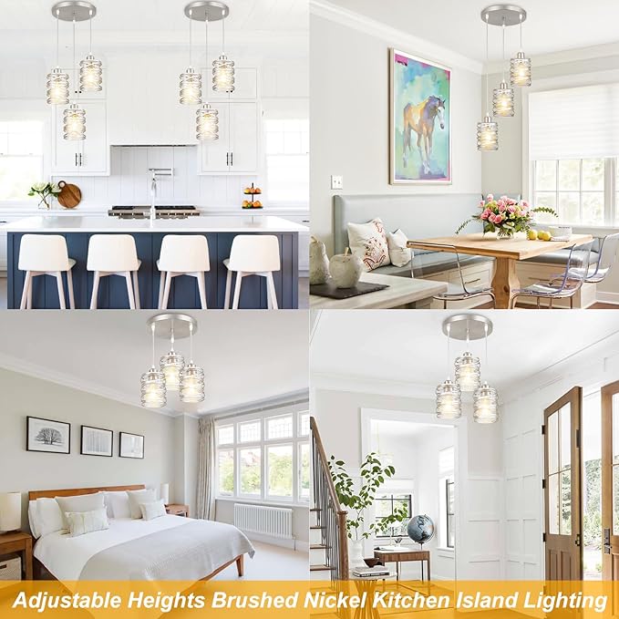 Brushed Nickel Cluster Pendant Lights, 3-Light Kitchen Island Pendant Light Fixtures with Clear Glass Shades, Adjustable Spiral Iron Dining Room Hanging Light Fixture