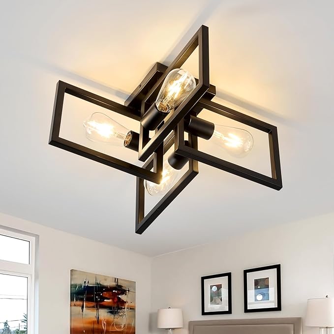 ZGLAOJT 4-Light Flush Mount Ceiling Light Black Industrial Kitchen Light Fixtures Modern Matte Sputnik Chandelier for Dining Room Bedroom Farmhouse Living Room.