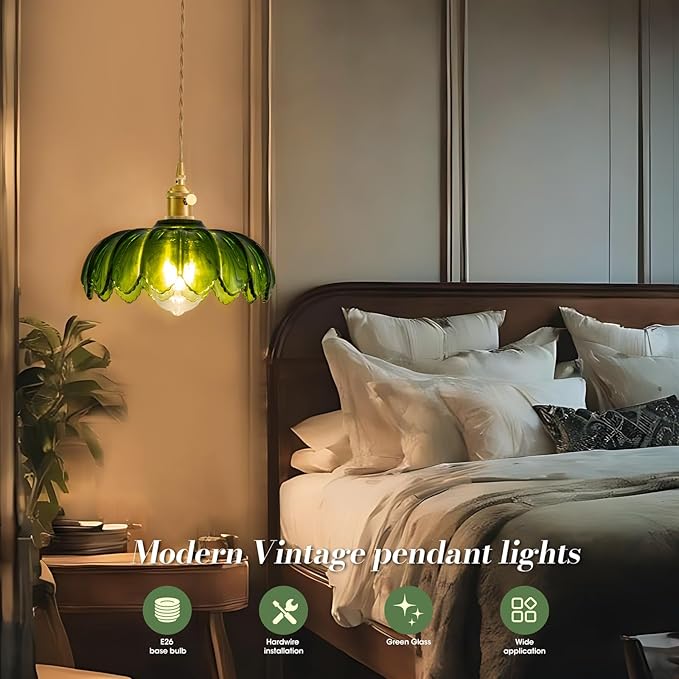 Glass Pendant Light Vintage Light Fixtures, Glass Pendant Lights Kitchen Island, Adjustable Hanging Light for Kitchen Island Dining Room Hallway (Hardwired gree)