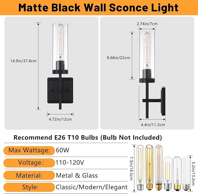 Wall Sconces Set of Two, Matte Black Bathroom Sconces Wall Lighting with Clear Glass, Modern Sconces Wall Decor Set of 2 Hardwired Vanity Light fixtures for Mirror Living Room Hallway Bedroom