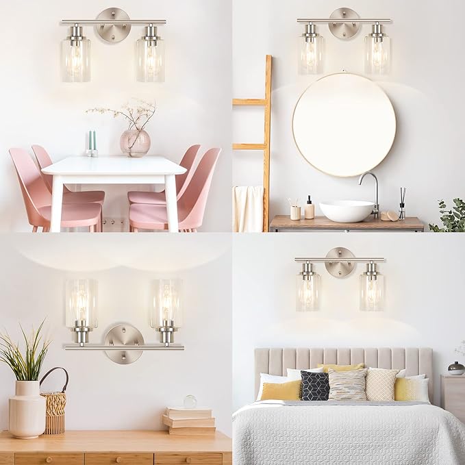 2-Light Wall Sconce Light Fixtures, Brushed Nickel Finish Wall Light with Clear Glass Shade, Modern Vanity Lighting, Wall Lamp for Bathroom Mirror