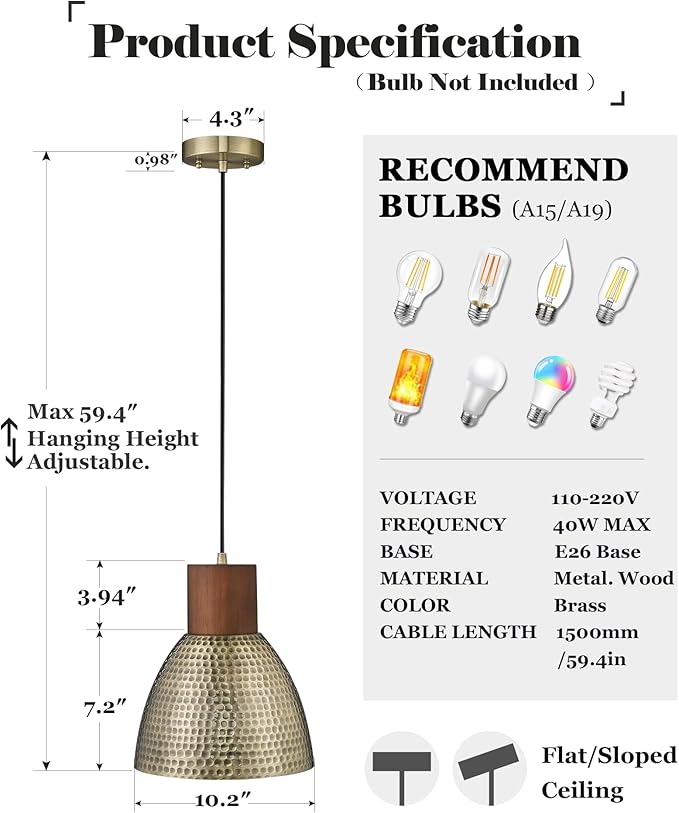 ELYONA 2 Pack Hammered Pendant Light Fixtures, 10.2" Vintage Metal Solid Wood Hanging Bar Lamp, Mid Century Antique Gold Pendant Lights for Kitchen Island, Farmhouse, Dining Room, Brushed Brass