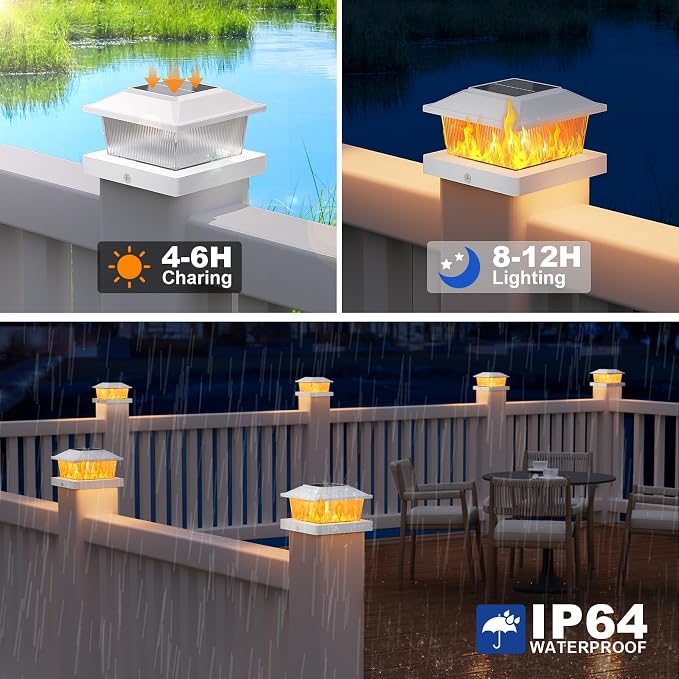 APONUO Solar Post Cap Lights with Flickering Flame & Warm White, 6-Pack for 4x4 Wood/ 5x5 Vinyl Posts, Solar Powered Deck & Fence Lights, Auto On/Off, IP65 Waterproof, Glossy White