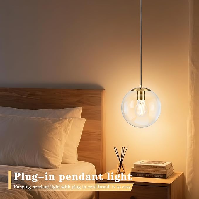KoKo&Yukina 8" Globe Pendant Light Gold Plug in Pendant Light Adjustable Hanging Lights with Plug in Cord Brushed Gold Finished with Clear Glass Lampshade for Bedroom Kitchen Island（Bulb Included）