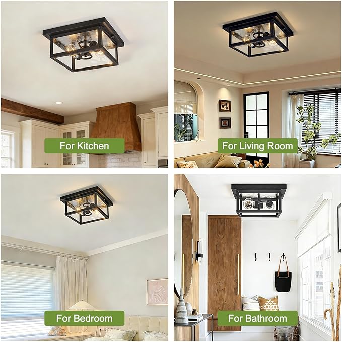 11.5in Outdoor Ceiling Light Fixture, Square Flush Mount Porch Lights, 2-Light, E26-based, Clear Tempered Glass Lampshade, Exterior Damproof Lamp for Hallway, Kitchen, Entryway, Foyer
