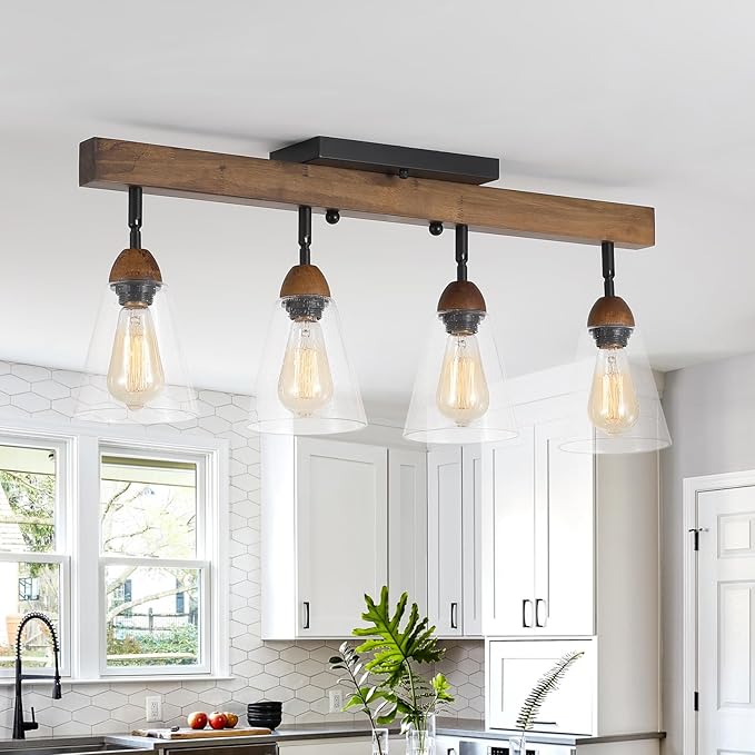 4-Light Large Rustic Farmhouse Wood Flush Mount Ceiling Light Fixture Clear Seeded Glass Shade and Oak Wood Track Semi Flush Mount Ceiling Light for Kitchen Living Room Bedroom Indoor, Black