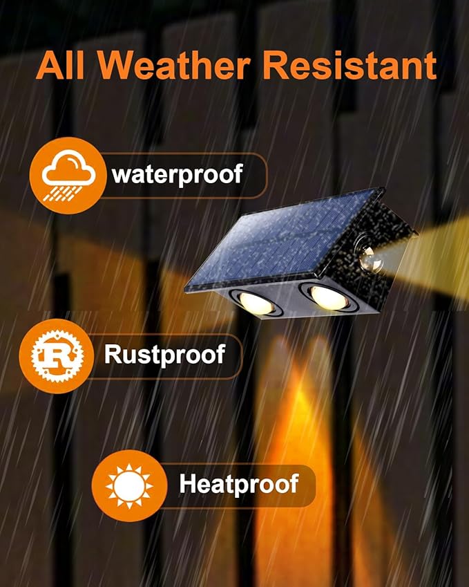 4Pack 3-Side Solar Fence Lights Outdoor Waterproof with Warm White LED Spot Lens, for Wall, Deck, Patio, Yard, Rail, Garage, Pool, Designed for Enhanced Security, Easy Install
