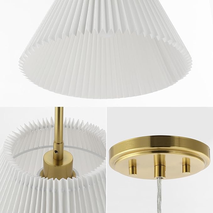 JONATHAN Y 14.25" Brass Gold 1-Light Iron Pendant Light, Classic French Country with White Pleated Shade, Adjustable Height Vintage Shabby Chic Style, LED Bulb Included JYL2407A