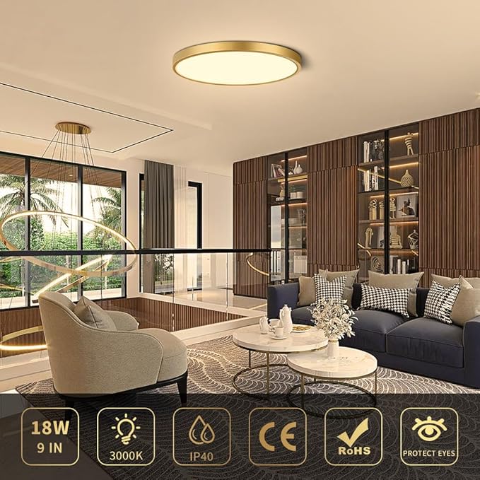 9Inch LED Flush Mount Ceiling Light Fixture, 18W(180W Equivalent), 1800LM, 3000K Warm White, IP40, Flat Modern LED Ceiling Lights for Bedrooms, Living Rooms, Bathrooms, Stairwells, etc.(Gold)