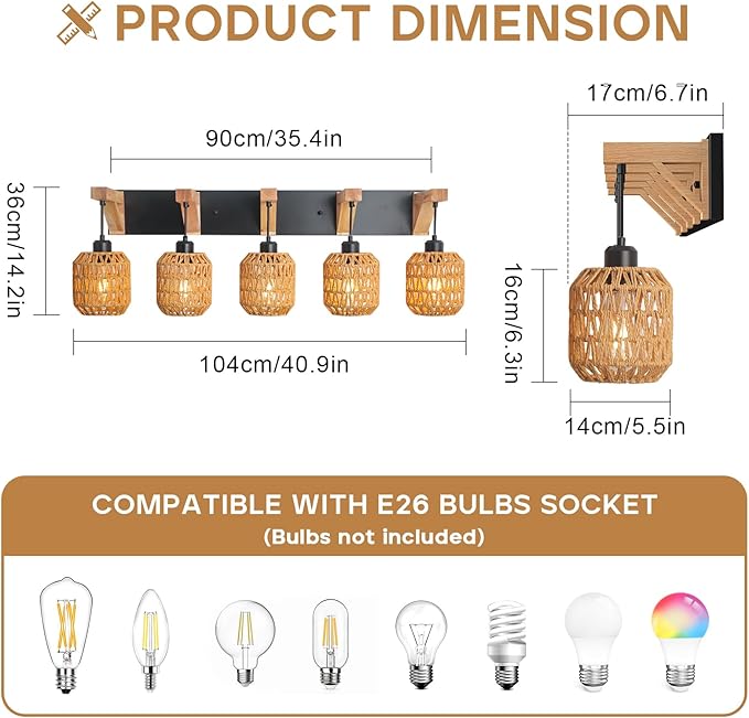 5-Light Bathroom Vanity Light Fixtures, Rustic Style Rattan Vanity Lights with Handmade Bamboo Woven Boho Wicker Lampshade, Farmhouse Wooden Bracket, Suit for Stairway Bedroom and Hallway