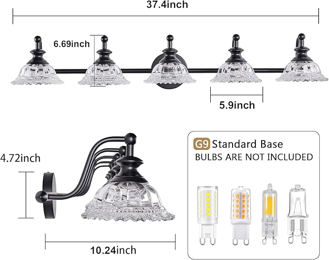 XIEDUN 37.4" 5 Light Vanity Light for Bathroom (Exclude G9 Bulb) Black Vanity Lights for Bathroom
