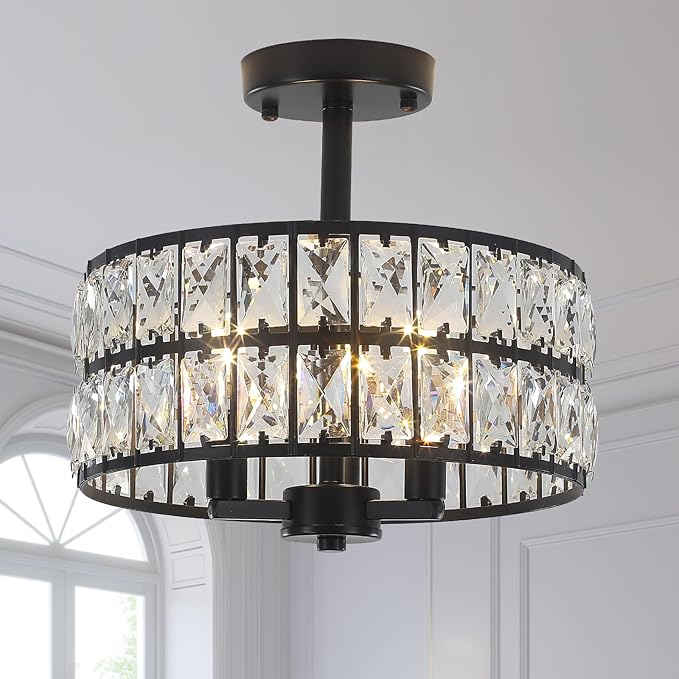 Crystal Ceiling Light Fixture, 12.6" Black Semi Flush Mount Ceiling Lights for Bedroom 3-Lights Modern Farmhouse Drum Round Crystal Chandelier for Entryway, Foyer, Dining Room, Kitchen, Hallway