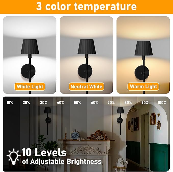 Battery Operated Wall Sconce Set of Two, Rechargeable Wireless Sconces with Dimmable Detachable Magnetic Bulbs and Remote, 3 Colors Wall Lights for Bedroom Living Room Hallway Fireplace