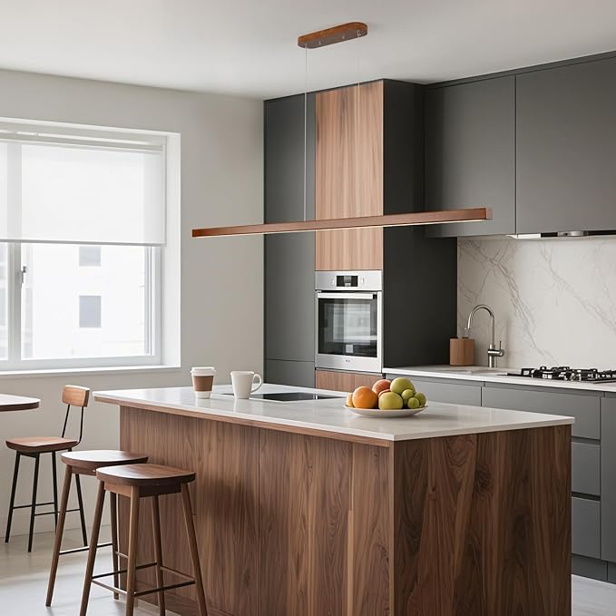 47 Inch Wood Linear Pendant Light Dimmable LED Kitchen Island Lighting with Remote Adjustable Hanging Chandelier for Dining Room Bar Pool Table 30W Modern Farmhouse Fixture Walnut Color