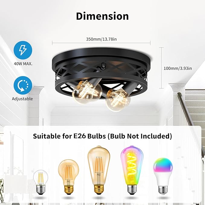 LVWIT 13.8 Inch Flush Mount Ceiling Light Fixtures, 4-Light Black Hallway Light, Round Light Fixtures Ceiling Mount for Kitchen Entryway Hall ((E26 Base, Bulbs Not Included)