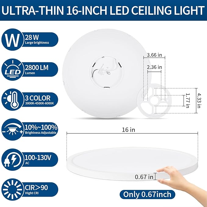 2 Packs 16'' Led Ceiling Light Fixture, 0.67 Inch Ultra Thin Flush Mount, Dimmable & 3000K/4500K/6000K Selectable, 28W 2800LM, White, for Bedroom, Kitchen, Dining Room, Home Office, Hallway
