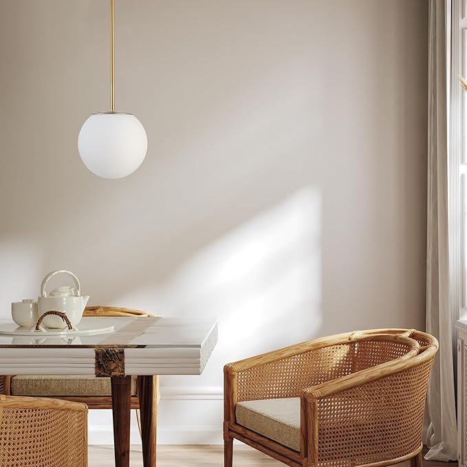 Mid Century Modern Pendant Light – 1-Light Gold Globe with White Glass Shade, Brushed Brass Finish, Adjustable Height for Sloped Ceilings, Hanging Light for Kitchen Island