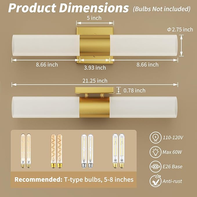 Kalium Bathroom Wall Sconces Set of Two, 21 Inch Modern Vanity Lights with Frosted Glass Shade, Bathrooms Vanity Lighting Fixtures for Mirror Bedroom Living Room Hallway (Gold)