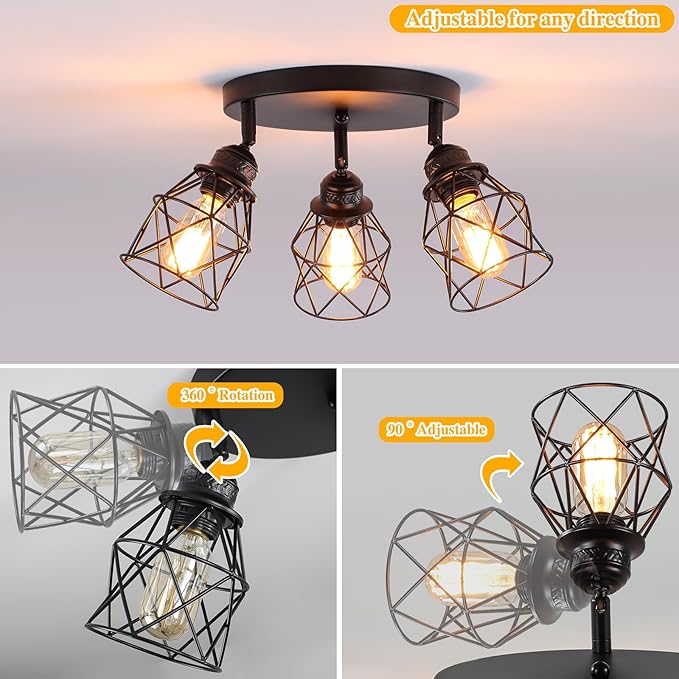 Kitchen Light Fixtures Ceiling Mount, Adjustable Semi Flush Mount Ceiling Light, Multi-Directional Lamp for Kitchen, Hallway, Dining Room, Farmhouse with E26 Base (Black)