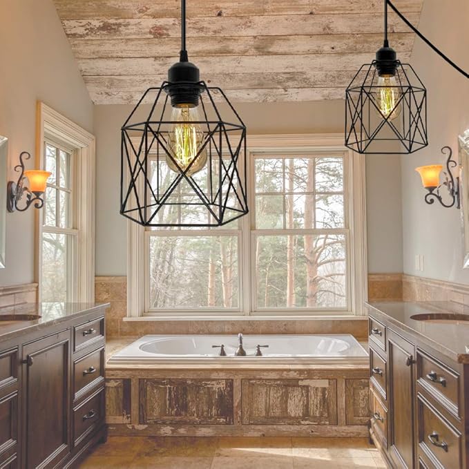 OmiSun Industrial Plug in Pendant Light, Black Cage Pendant Light Fixture with On/Off Switch, E26 Socket Vintage Hanging Light, Farmhouse Pendant Lighting for Kitchen Living Room Dining Room