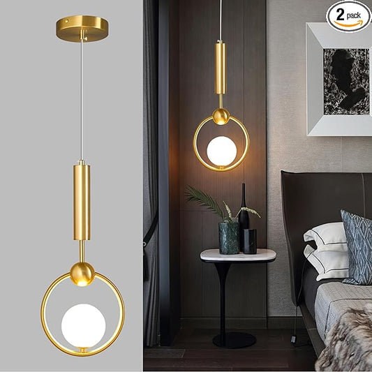 Modern Globe Glass Pendant Light fixtures 1-Light, Simplicity Gold Pendant Lighting, Mid Century Chandelier for Kitchen Island Dining Room Bedroom Entryway Hallway(2-Pack)