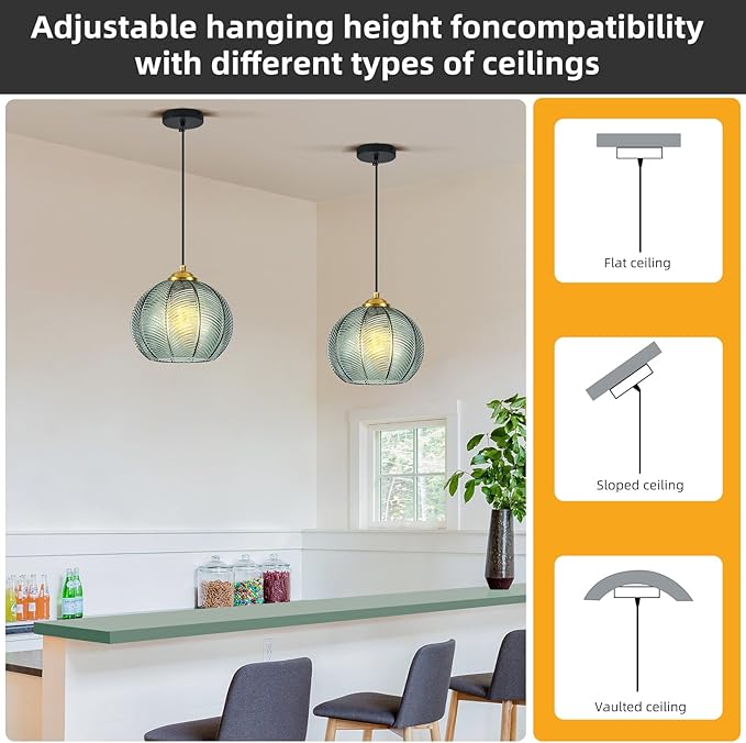Mikeru 2-Pack Mint Glass Pendant Lights Kitchen Island Lighting Single Globe Pendant Light Fixtures Century Modern Kitchen Island Pendant Lighting for Bedroom Living Dining Room Light (Without Bulbs)